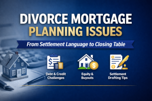 HCBA CLE recap graphic covering divorce mortgage planning issues, debt and credit challenges, equity buyouts, and settlement drafting tips